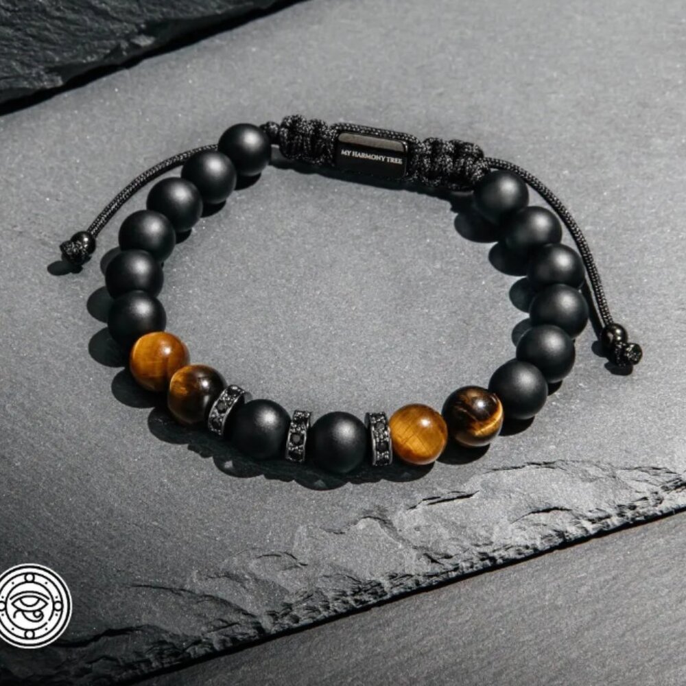 Black Onyx & Tiger Eye Adjustable Bracelet, Gift for Him.
